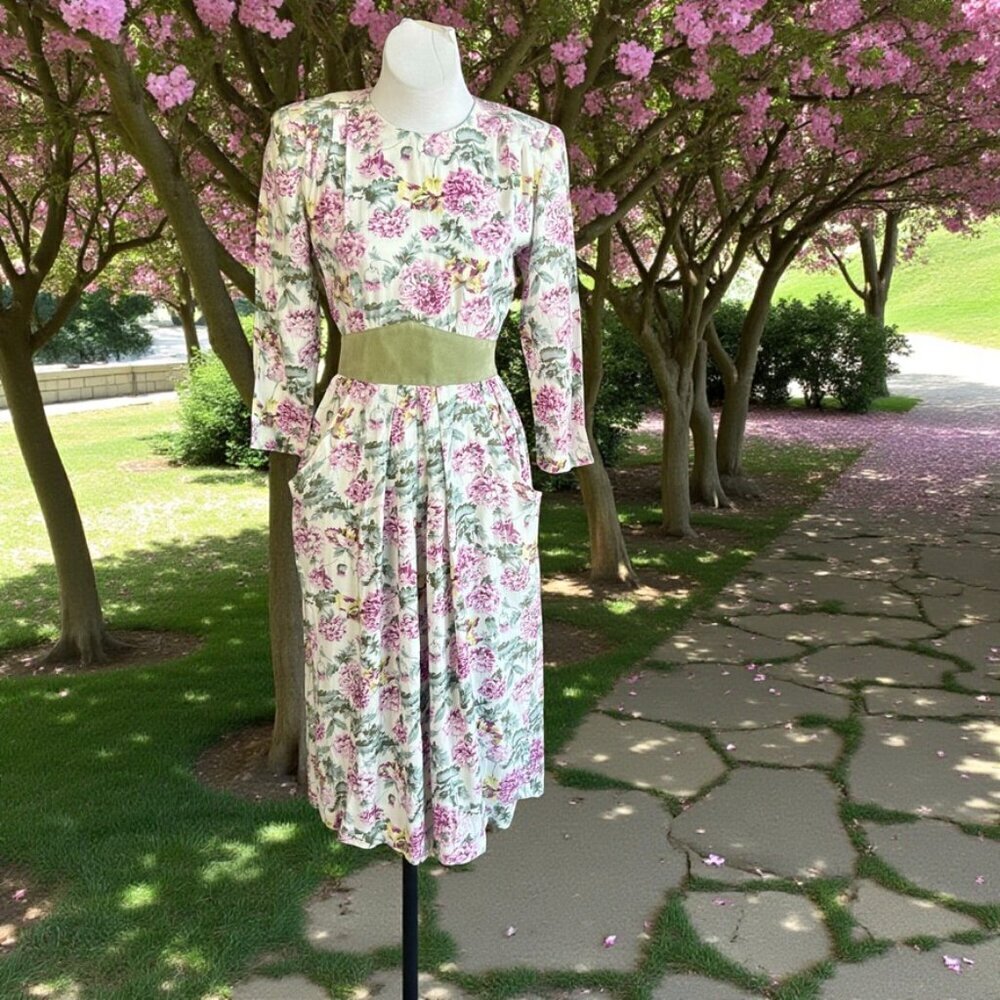 Karin Stevens Vintage 90s Modest Pink Floral  Suede Waist Midi Dress Siz…